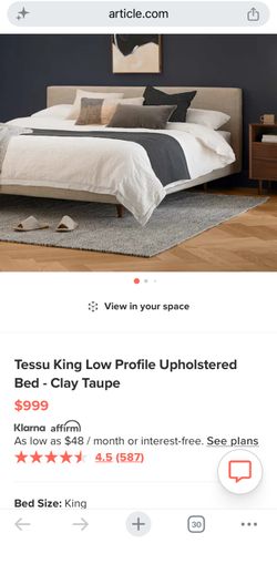 King Upholstered Bed Frame Low Profile Clay Taupe- Article Tessu -NEW