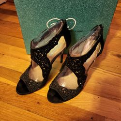 Betsey Johnson Satin Black Beaded Heels Size 8.5