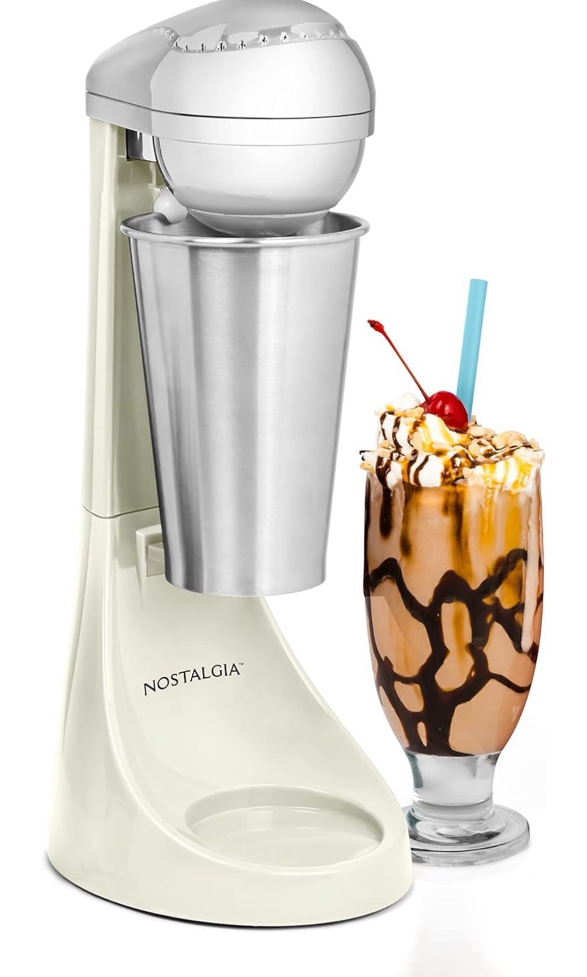 Nostalgia Two-Speed Electric Milkshake Maker and Drink Mixer, Includes 16-Ounce Stainless Steel Mixing Cup and Rod, Cream