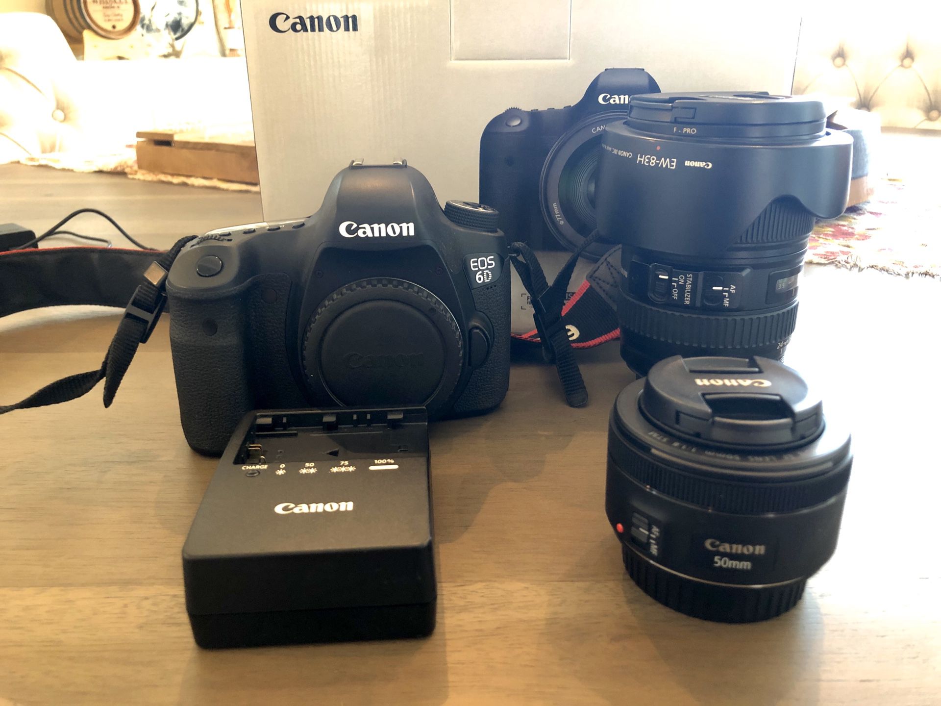 Like New (hardly used) Canon 6D, with 24-105 F/4 L lens, and 55mm 1.8 lens (brand new).