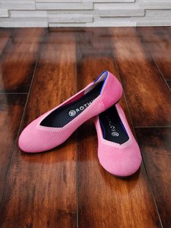 Rothy’s The Flat Knit Ballet Flats Pink Raspberry Blue Trim Women’s Size 9