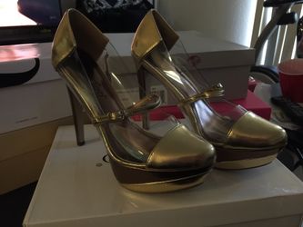 Too Lips Too Metallic Gold and Clear Platform Heels Size 8.5 New In Box