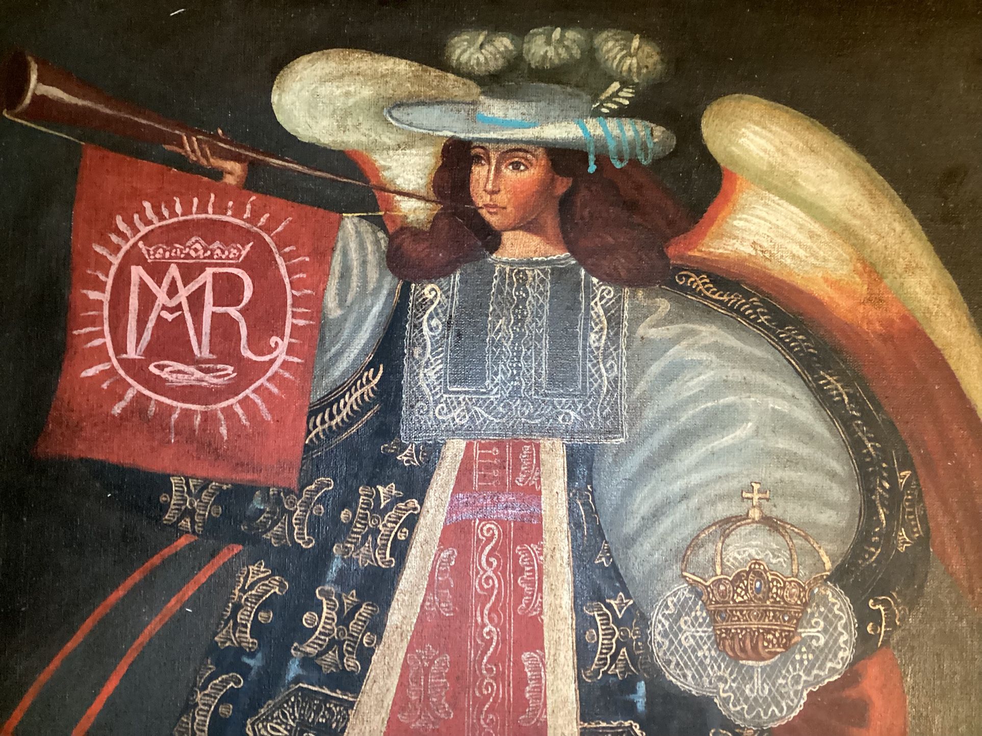 Cuzco School Archangel Gabriel-Angel with Bugle/ Horn Signed,Peruvian 20th C Spanish Colonial Oil on Canvas Original Painting - vintage /antique  For 