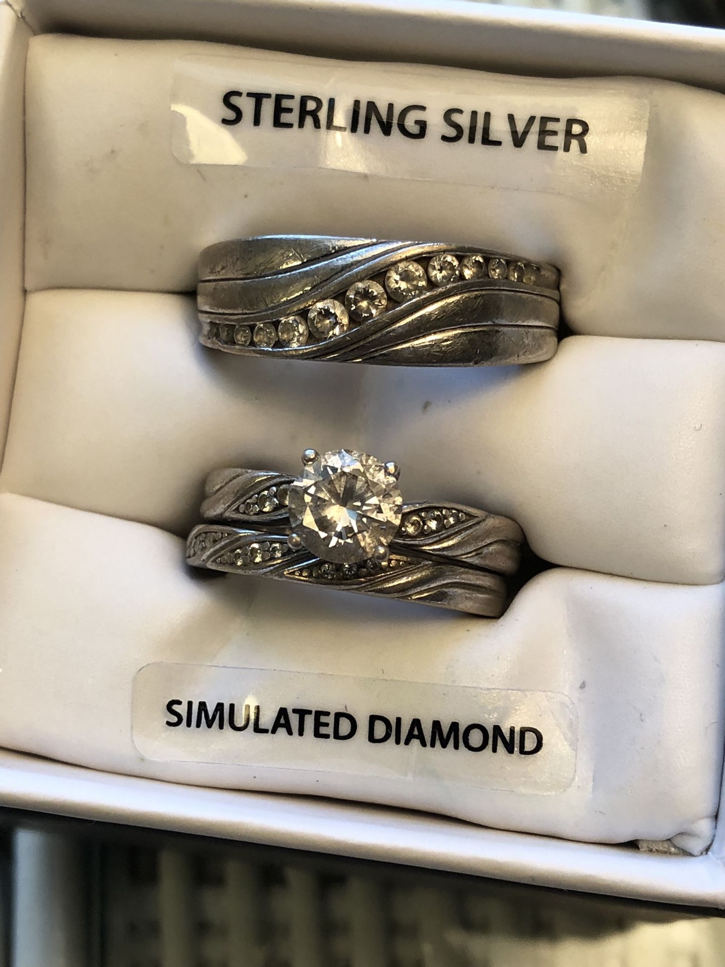 Engagement/ Wedding 3 Ring Set Sterling Silver Simulated Diamonds Ladies Size 7 & Men’s Size 10