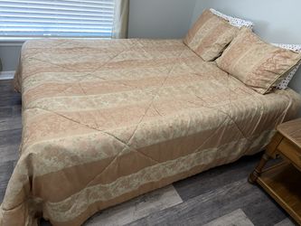 Queen Bed, Box spring and Oak Side Table