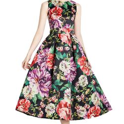 Elegant Vintage Floral Pretty Women Flared A-Line Wedding Guest, Party, Prom Quinceanera Dress