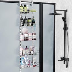 Orimade Over The Door Shower Caddy Adjustable 5 Tier Silver Grey,Bathroom Hanging Organizer Shelf Rustproof with 4 Hooks,Shower Basket with Soap Holde