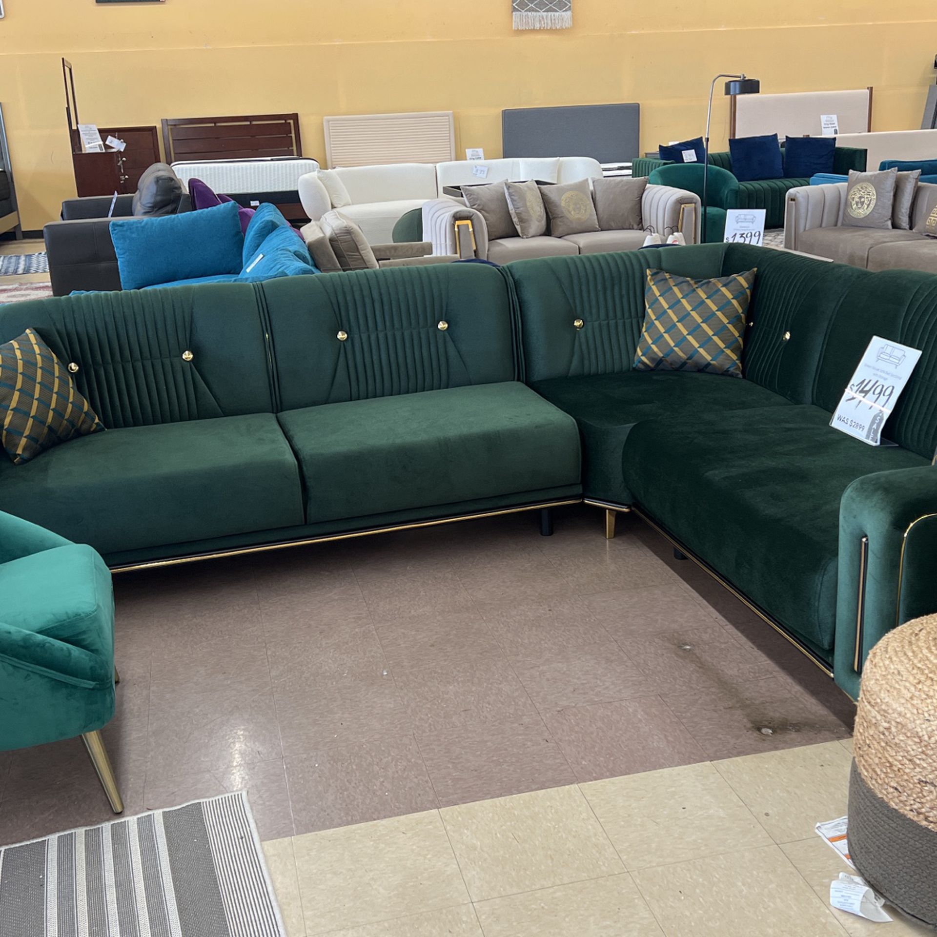 Convertable Green Velvet Sleeper Sectional With Storage 