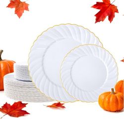 87pcs Scalopped Gold With  Ivory White Plastic Disposable  Plates With Clear Cups 9 