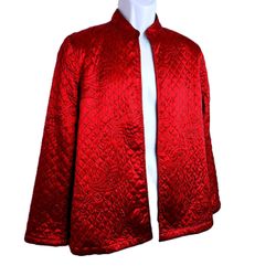 Red Crimson Quilted Satin Paisley Embroidered Mandarin Collar Open Front Jacket