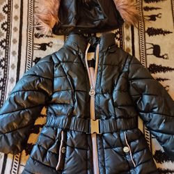 Girls Navy Blue Michael Kors Puffer Jacket With Faux Fur Hoodie.