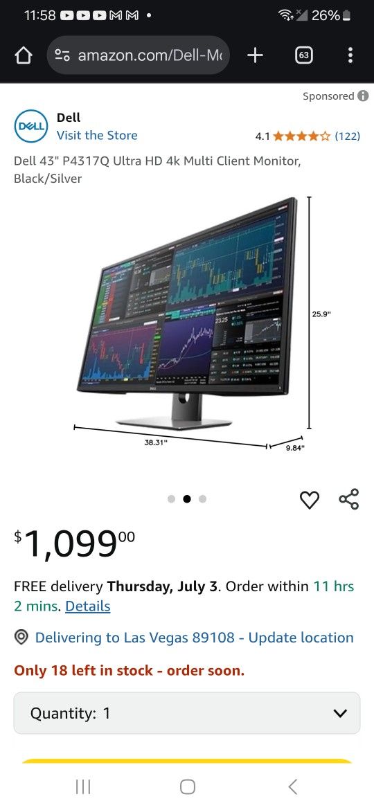 43" Dell Monitor - Great Condition - 350 Obo