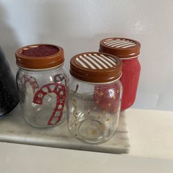 2 Christmas Decorated Glass Mason Jars