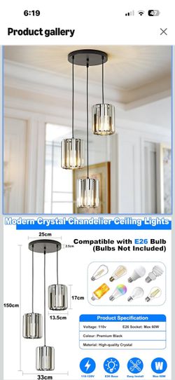 Brand New Black Crystal 3-Light Hanging Pendant Light