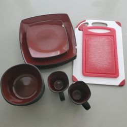 Red And Black Dishset (Some Chipped)