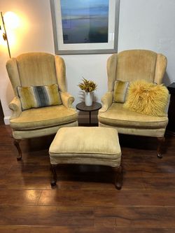 Gold - Yellow Velvet Vintage French Provincial Wingback Chairs (2) with Ottoman