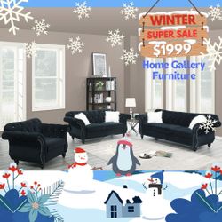 Winter Sale! Elegant Velvet Sofa Set – Black & Indigo Luxury!