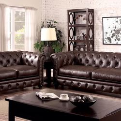 2 PIECE LIVING ROOM SET SOFA LOVESEAT BROWN LEATHERETTE CHESTERFIELD INSPIRED COUCH - TUFTED - SILLONES CAFE