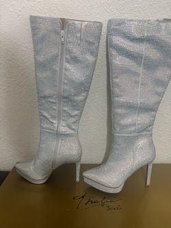 Thalia Sodi Women's Boots Jessy Rhinestones Crystals Bling Silver Stiletto
