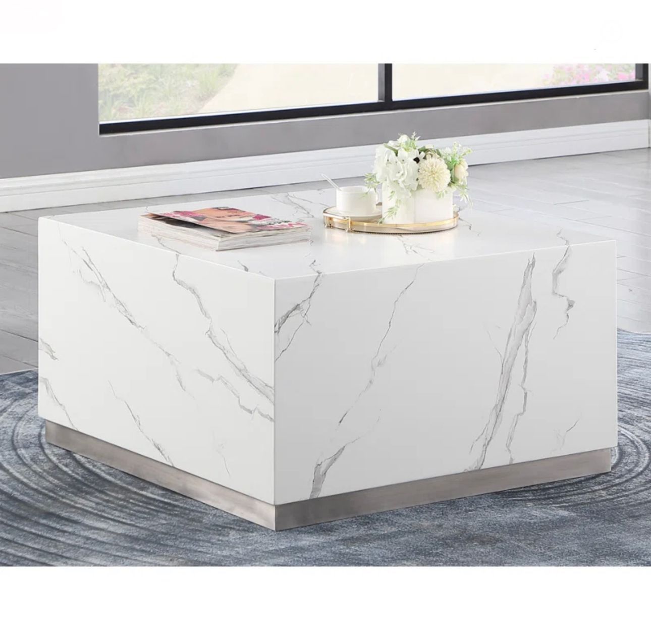 White Marble With Silver Accent Trim Brand New In Box Each Item Sold Separately Coffee Table $520 End Table $280 Hex End Table $320 Financing Avail.