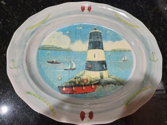 Oxney Hand Painted Green Pottery Lighthouse Large Platter Nautical Sailboat, Seagulls, England, Beach House, Lake House Gift, Art Lover Gift

