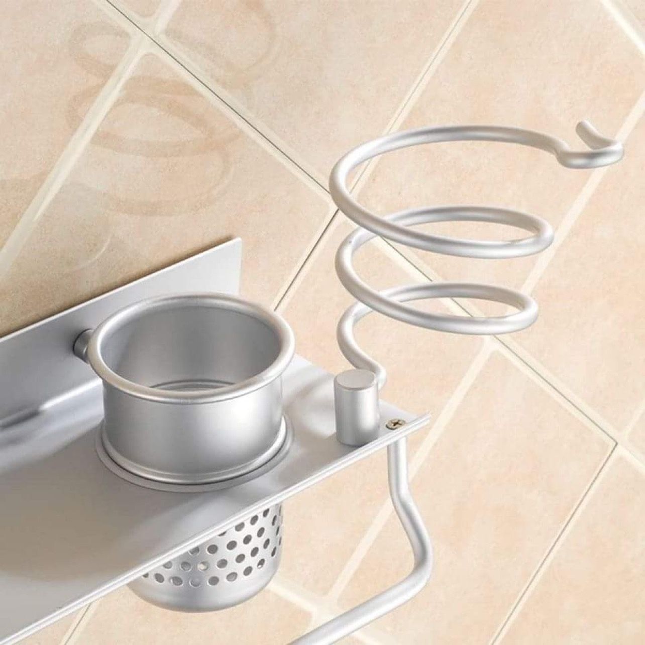 Bathroom Hair Dryer Holder Hair Blow Dryer Comb Holder Organizer Shelf Rack Stand Wall Mounted Hanging Rack with Cup Space Aluminum (with Toothbrush H