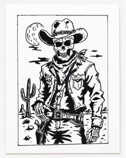 Original Skeleton Cowboy Ink Drawing 9x12 Hand Drawn Western Gothic Art