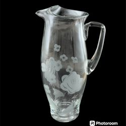 Vintage Etched Floral Glass Pitcher—Heavy, Quality Piece!