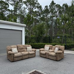 ✨ Light Brown  Manual reclining couch and loveseat with storage & cup holders CAN DELIVER FOR A FEE 🚚