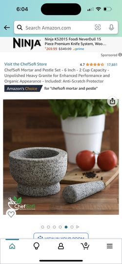 ChefSofi Mortar and Pestle Set - 6 Inch - 2 Cup Capacity - Unpolished Heavy  Granite for Enhanced Performance and Organic Appearance - Included