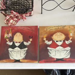 2 Wine Waiter Pictures, Wine Rack & 2 Black Wired Baskets 