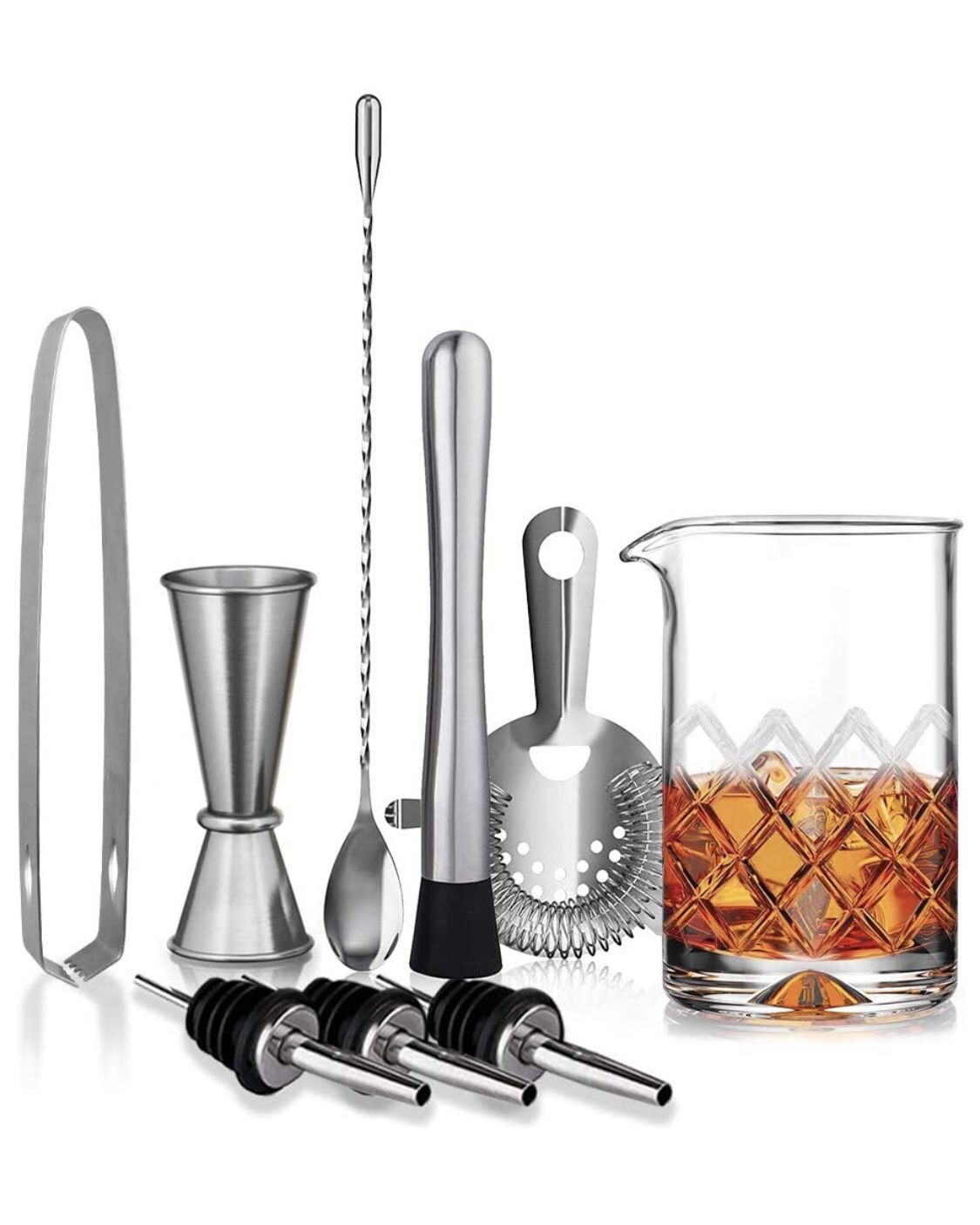 Brand new! Cocktail Mixing Glass Kit, 9 Piece Home Bar Set - Drink Mixer with 18oz 500ml Lead-Free Glass, Cocktail Strainer, Muddler, Jigger, Profess