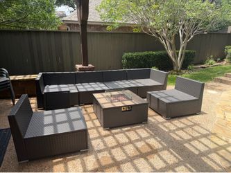 8-Piece Outdoor Patio Sectional Set w/ Fire Pit Table - No Cushions