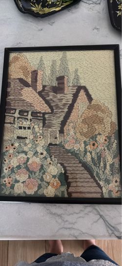 Vintage Framed Needlepoint Cottage Garden Wall Art