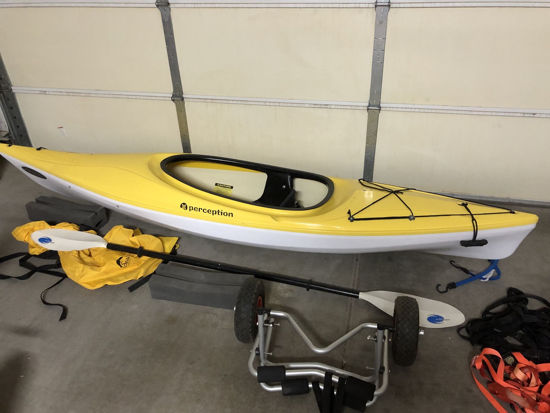 Perception Sonoma 10 Kayak with Paddles, Kayak Cart, Spray Skirt, Foam Roof Blocks and Straps