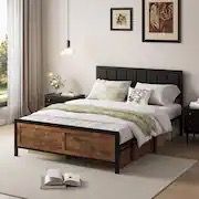 Dyonery - Queen Size Bed Frame, Metal Platform Bed Frame with Wooden Headboard with Rivet,