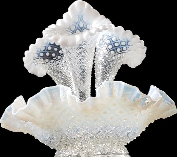 Antique Fenton Hobnail White Opalescent glass Epergne 3 Horn Large MINT

