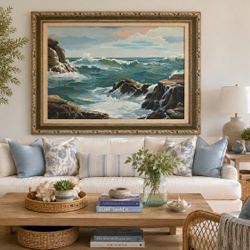 Vintage Coastal Seascape Paint By Number Carved Wood Frame HUGE 43” Signed Lane Wall Hanging ART Artwork Painting Collectible 