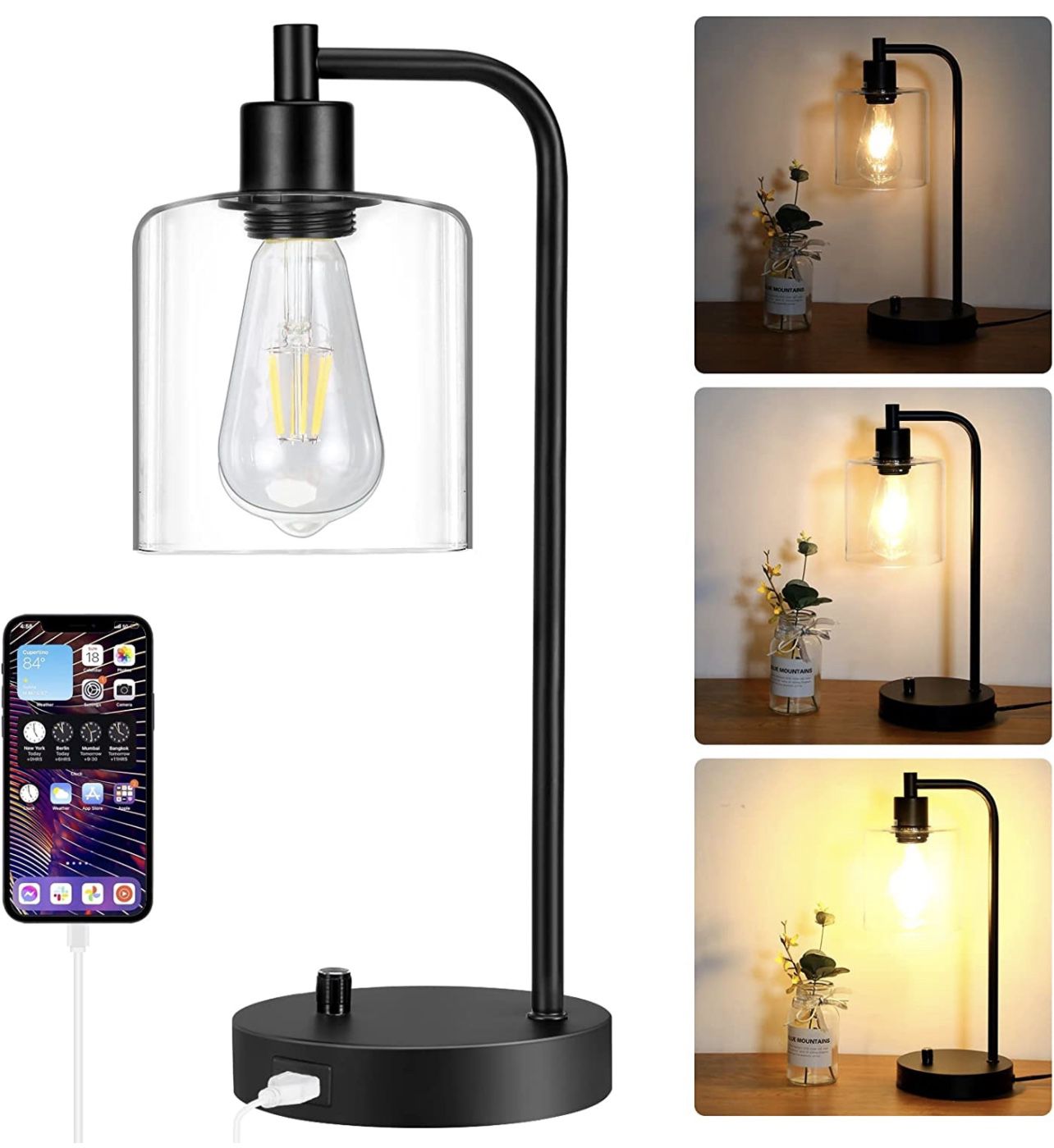 Table Lamp, Industrial Desk Lamp with USB Charging Port, Modern Dimmable Bedside Nightstand Lamp with Glass Shade for Bedroom Living Room Office, LED 