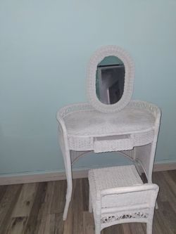 White Wicker Vanity Set with Mirror and Stool