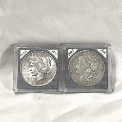 About Uncirculated-AU(50)  1921 Morgan Silver Dollar And 1922 Piece Silver Dollar. Read description.
