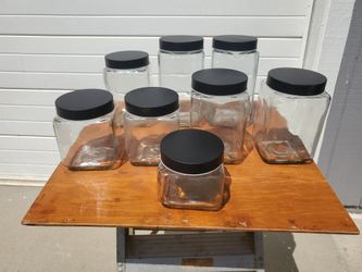 Set of 9 Clear Glass Jars with Black Lids
