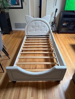 Off-White Cat Twin Bed Frame — Bouclé Upholstery