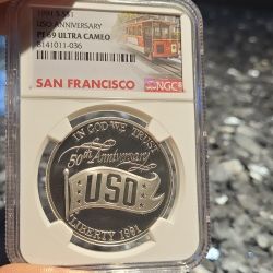 1991-S USO Anniversary Modern Silver Commemorative $1 PF 69 Ultra Cameo NGC

This 1991-S USO Anniversary United Service Organizations 