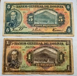 Banco Central de Bolivia 1928  $ 5.00 and  1 .00 Bolivianos  XF