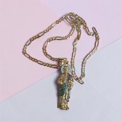 14K Multi-tone Gold San Judas Tadeo Pendant with Figaro Chain