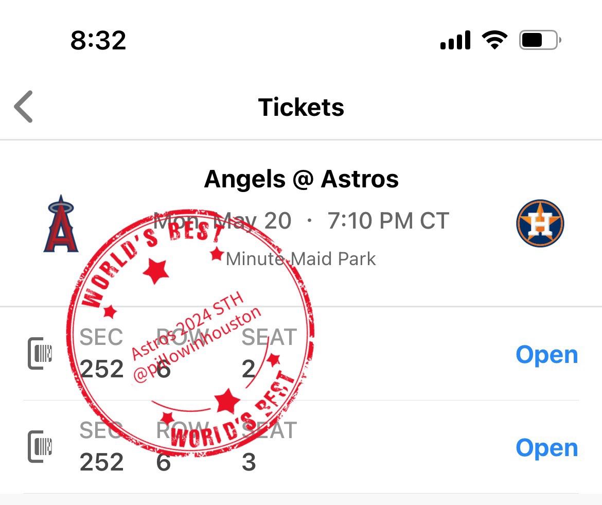 Astros vs Angels 1st Game Monday 5/20 7:10pm Section 252 Row 6 Seat 2-3 Price Per Ticket 