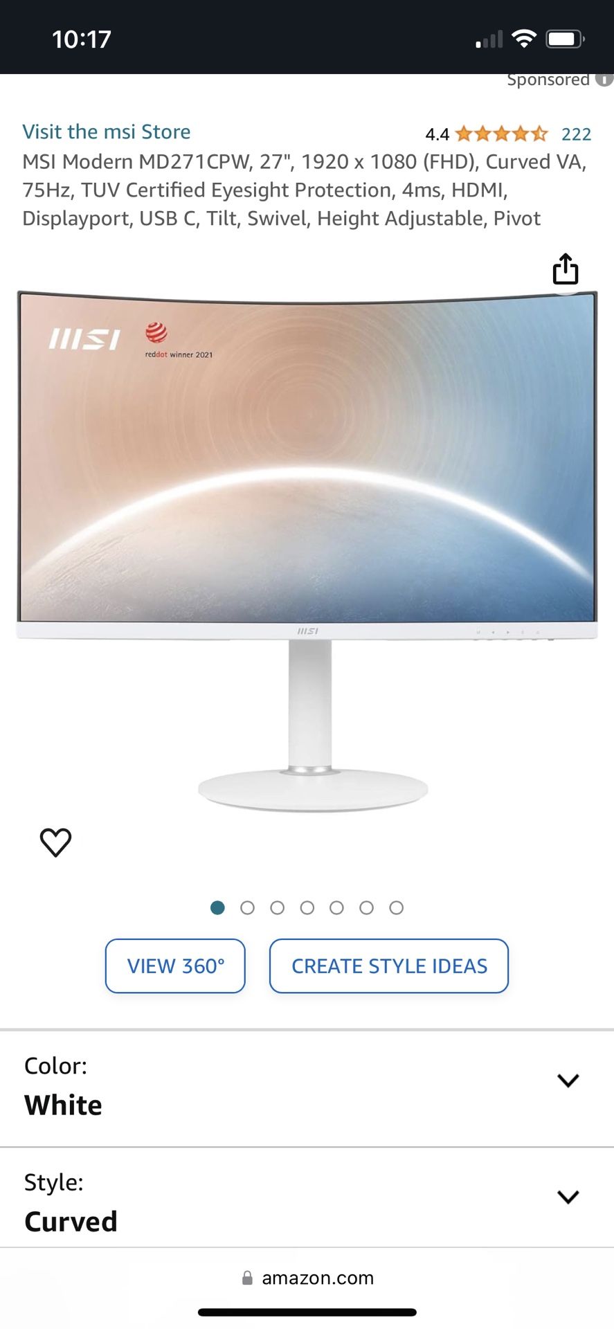 MSI Modern MD271CPW, 27', 1920 × 1080 (FHD), Curved
