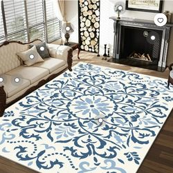 Blue Area Rugs for Living Room 8x10, Machine Washable Rugs Non Slip, Boho Vintage Indoor Carpet Mats for Home Decor