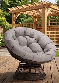 Cozy Wicker Papasan Chair - Outdoor & Indoor Chair - Brown Frame and Silver Cushion